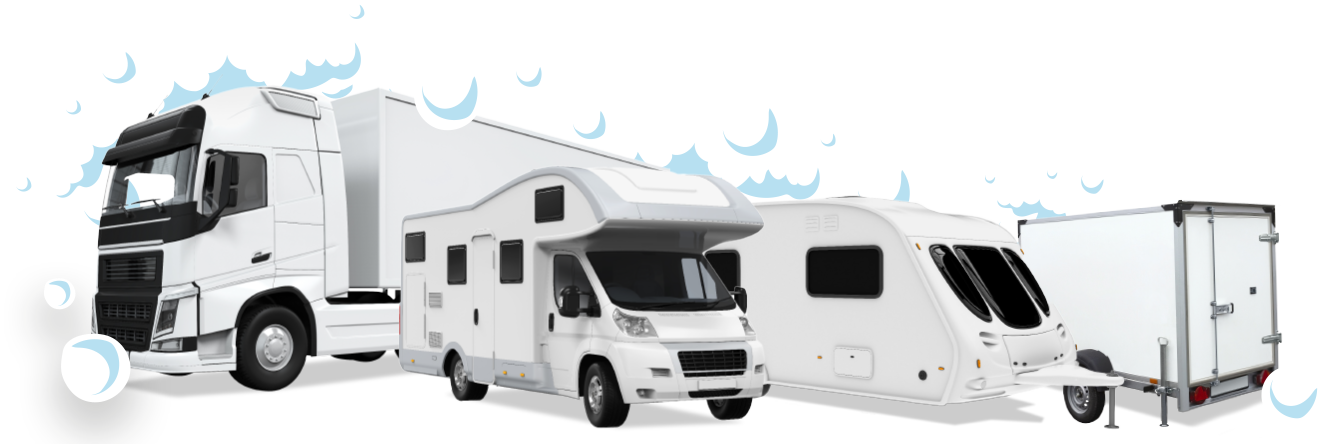 Een witte vrachtwagen, camper, caravan en paardenwagen omringt door bubbels